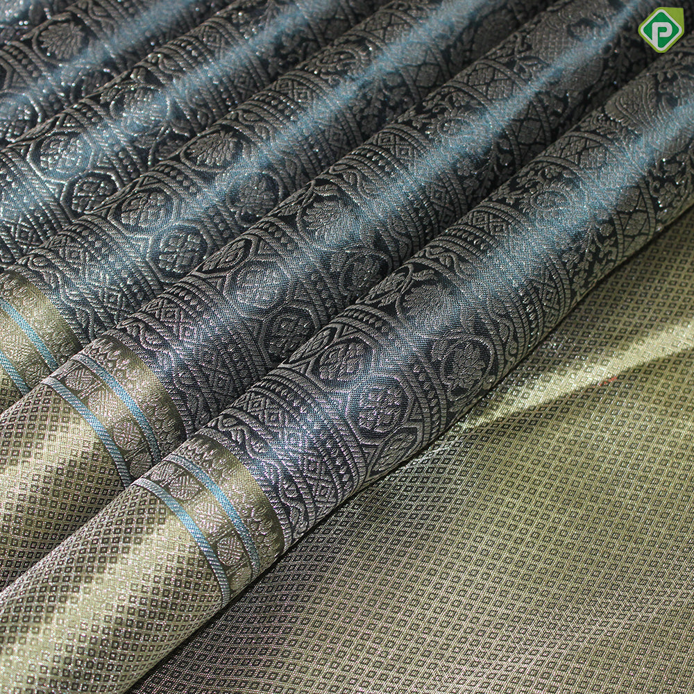 Jungle Green Silver And Gold Zari With Teal Green Maylkan Design Border Traditional Silk Saree