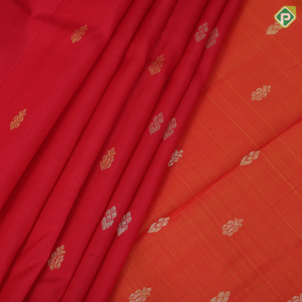 Tomato red gold zari fancy butta contrast mango yellow gold zari one side border silk saree