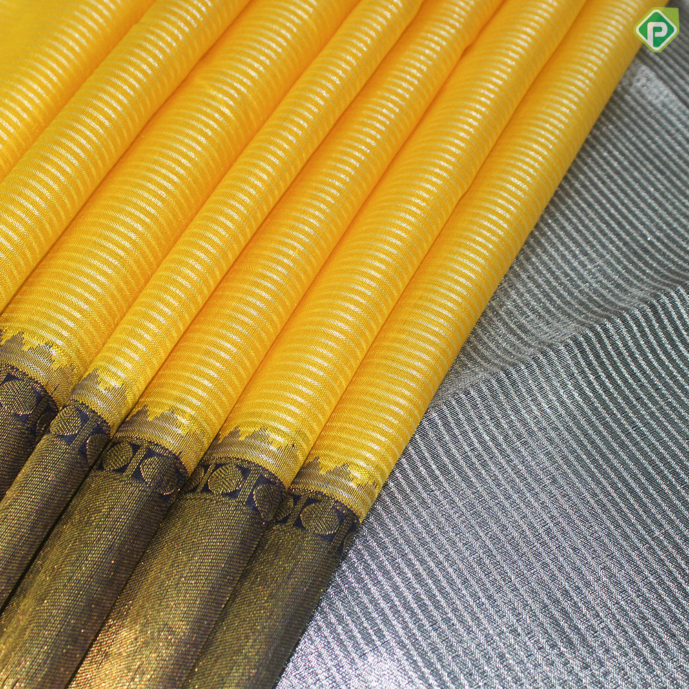 Lemon Yellow Gold Zari With Navy Blue Color Ruthracham Design Tissue Silk Saree