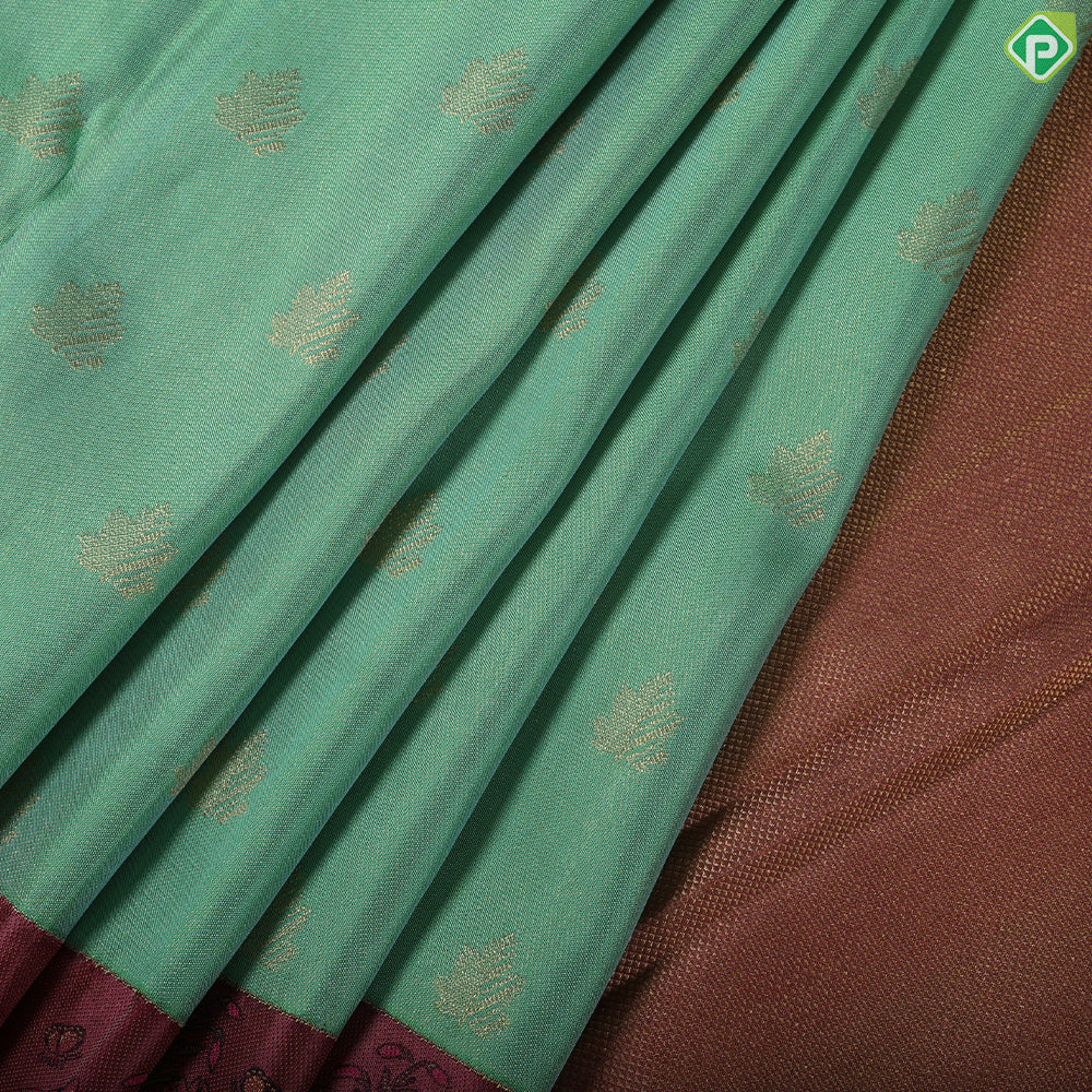 Apple green gold zari butta design Onion Pink meena work flower bunch border trendy silk saree