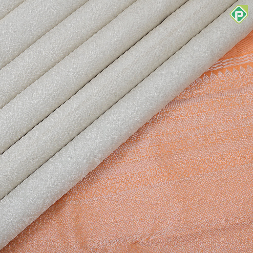 White silver zari small rangoli lines peach orange silver zari multi design border exclusive bridal silk saree