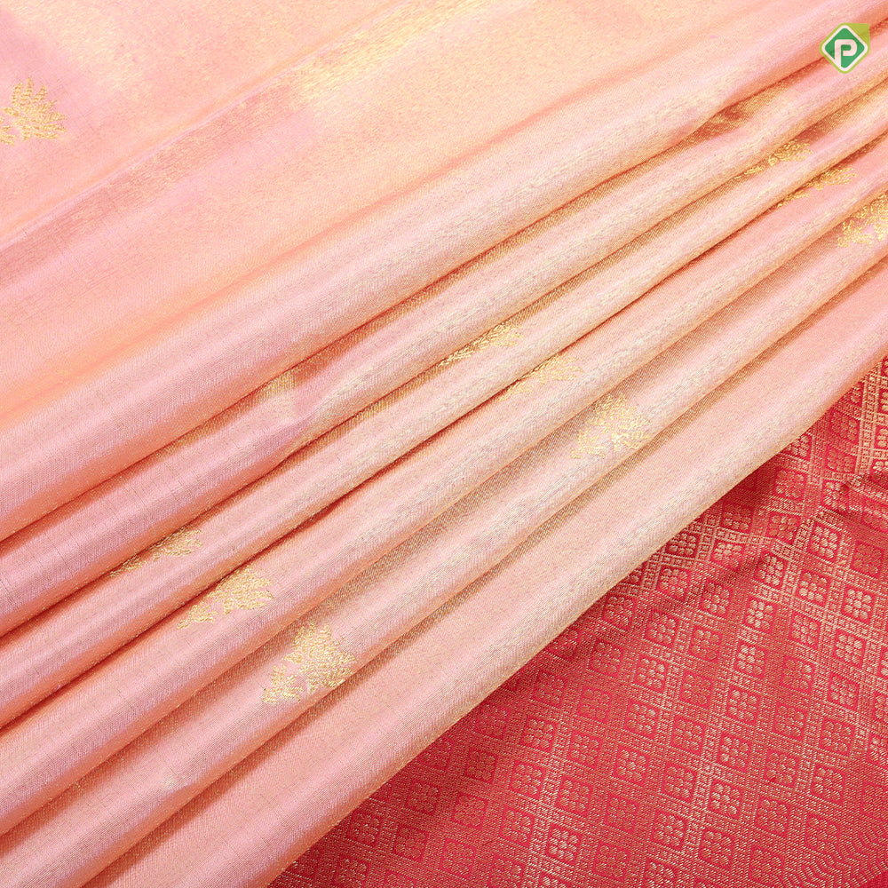 Peach Pink Gold Zari Fancy Flower butta design contrast red rettapet border traditional shimmer saree
