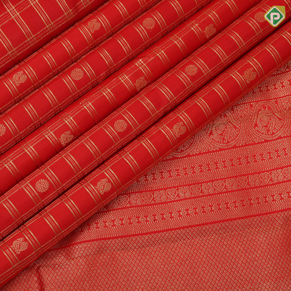 Chilly Red Gold Zari Checked Peacock Chagaram Design Self Peacock Mayilkan Border Design Traditional Silk Saree