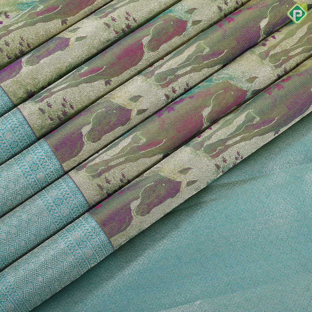 parrot green horse garden painting inspired tissue contrast sea blue silver gold zari diamond border trendy silk saree