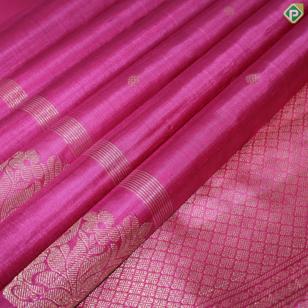 Pink Color Small Chakaram Motif With Self Border Mango Design Gold Zari Lines Traditional Silk Saree