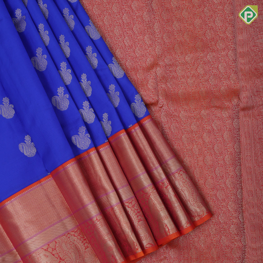 Navy blue gold zari fancy butta design orange with silver gold zari high border traditional silk saree