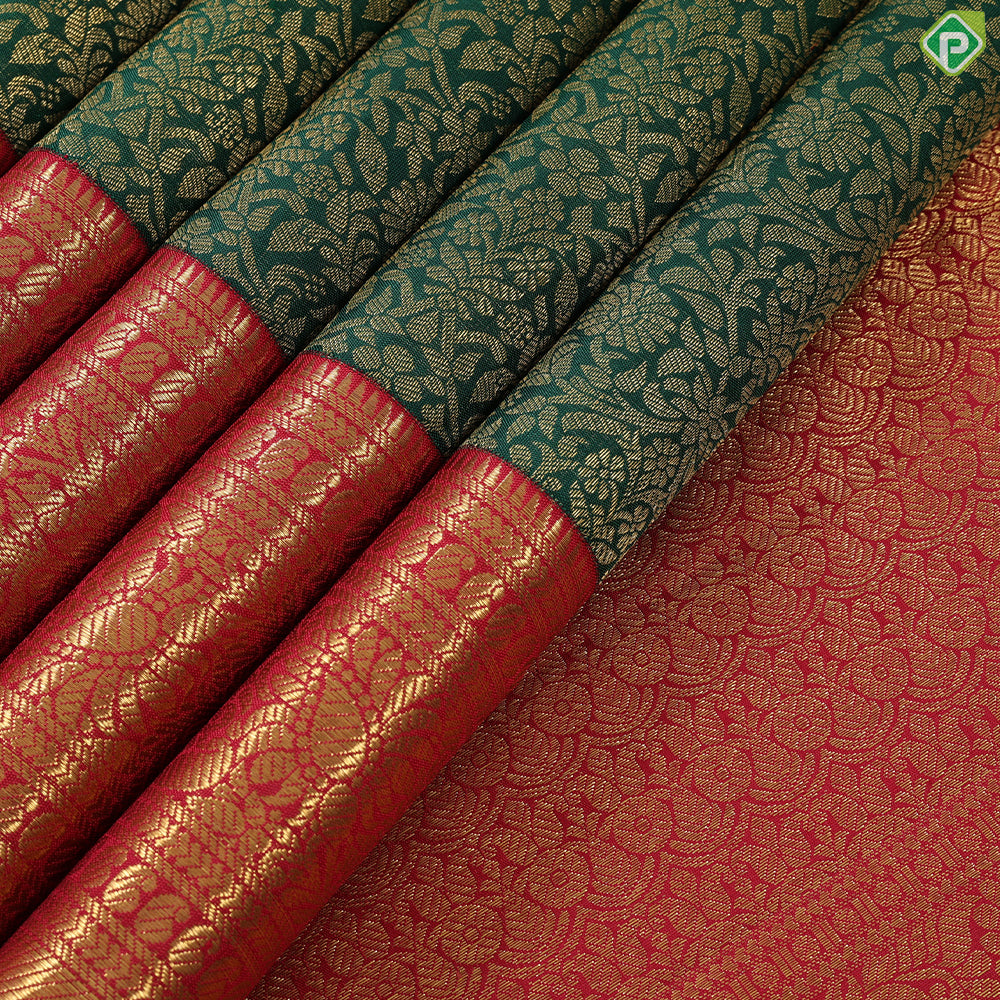 Dark green with gold zari grand floral design contrast maroon red gold zari border grand brocade bridal silk saree