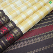 Mustard Cream White Checked With Chocolate Brown Thread And Gold Zari Border Traditional Silk Saree