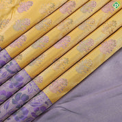 Cyber yellow zari thread floral butta design dark lavender fancy flowers meena work tissue border trendy silk saree