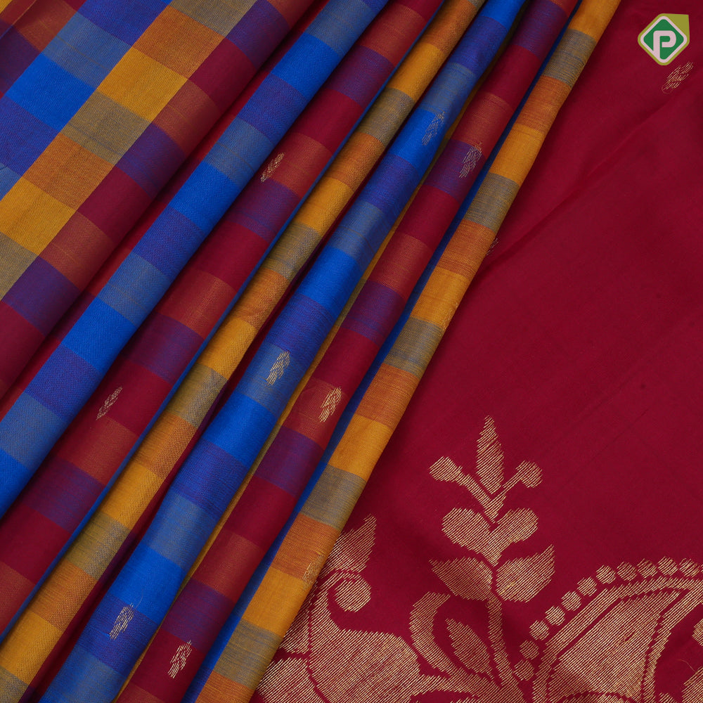 Multi color checks mid gold zari fancy butta self gold zari edge border traditional silk saree