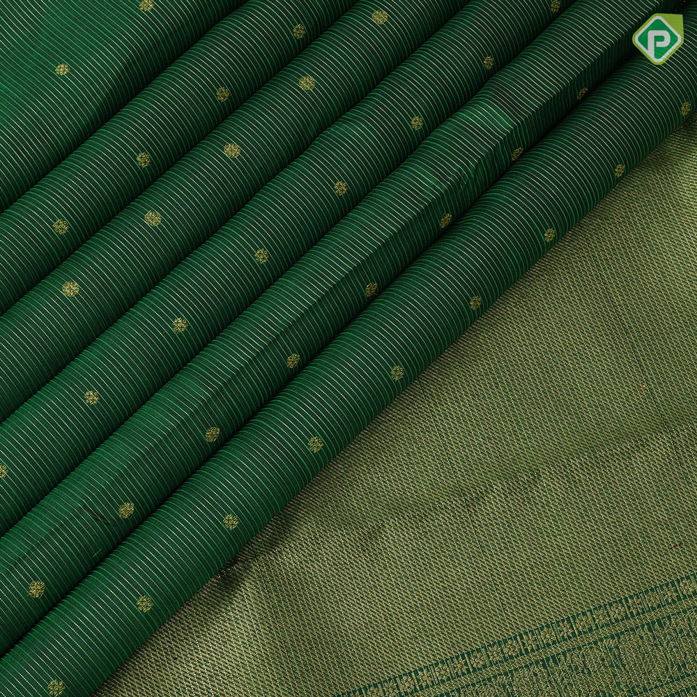 Bottle Green Gold Zari Vairaoosi Small Flower Butta Self Colour Peacock Border Design Traditional Silk Saree