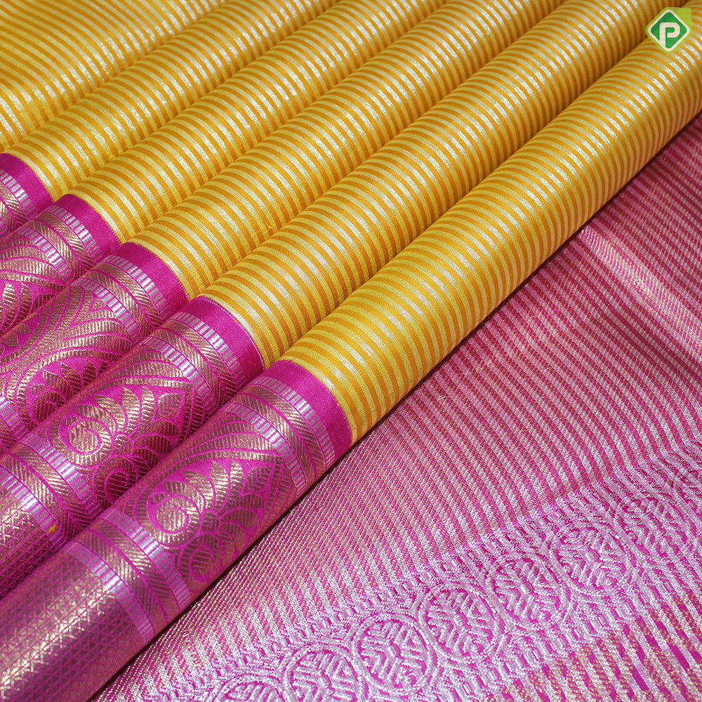 Mango Yellow Silver And Gold Zari Vaira Oosi Lines  With Pink Thilagam Design Traditional Silk Saree