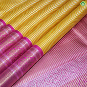 Mango Yellow Silver And Gold Zari Vaira Oosi Lines  With Pink Thilagam Design Traditional Silk Saree