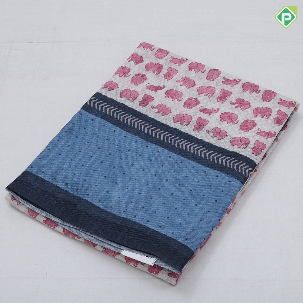 White Based Small Elephant Motif Contrast Border Arrow And Dart Design Fancy Cotton Saree