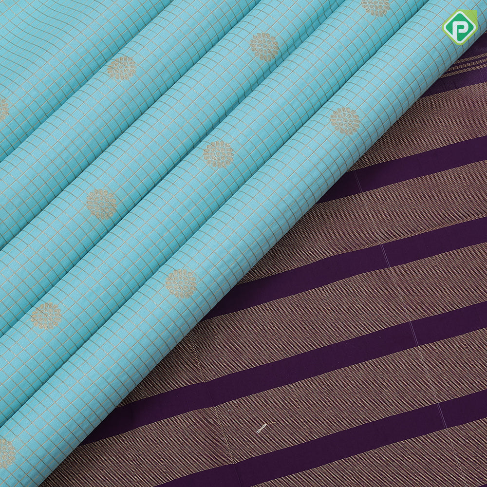 Sea blue gold zari vairaoosi checked kataam rudraksham butta purple gold zari retta pattai border art silk saree
