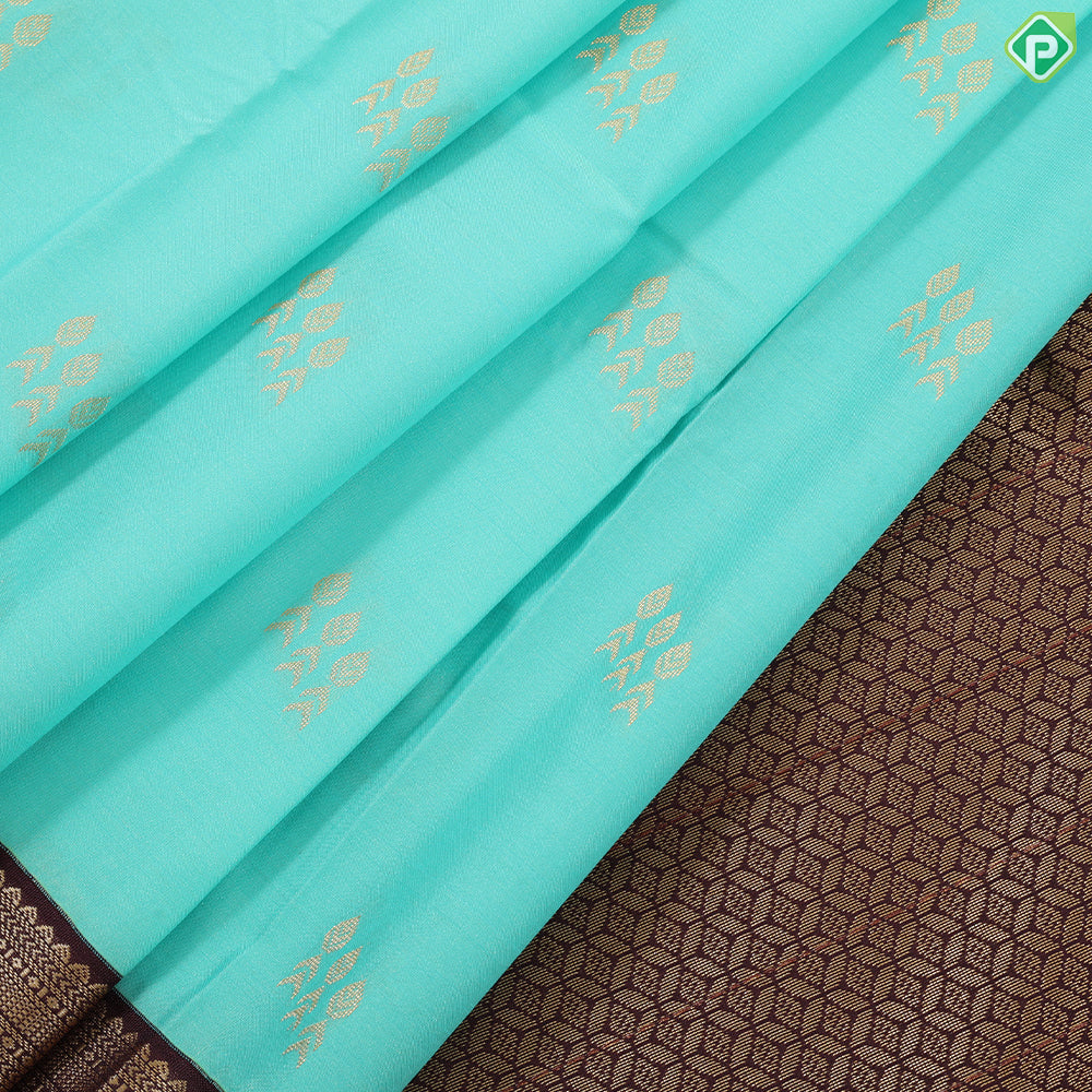 Spring green gold zari butta design contrast brown rangoli border gift saree