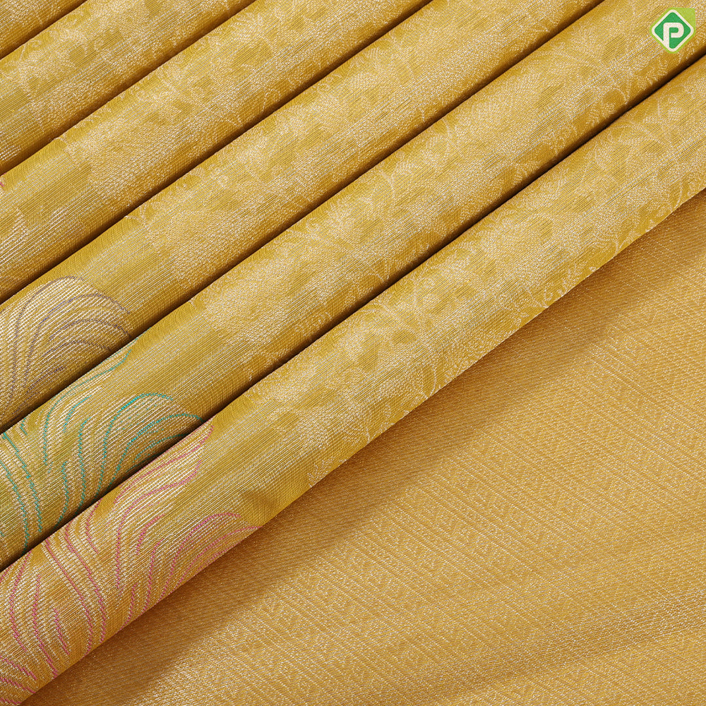 Mango yellow silver zari grand floral design self fancy leaf meena work border trendy tissue silk saree