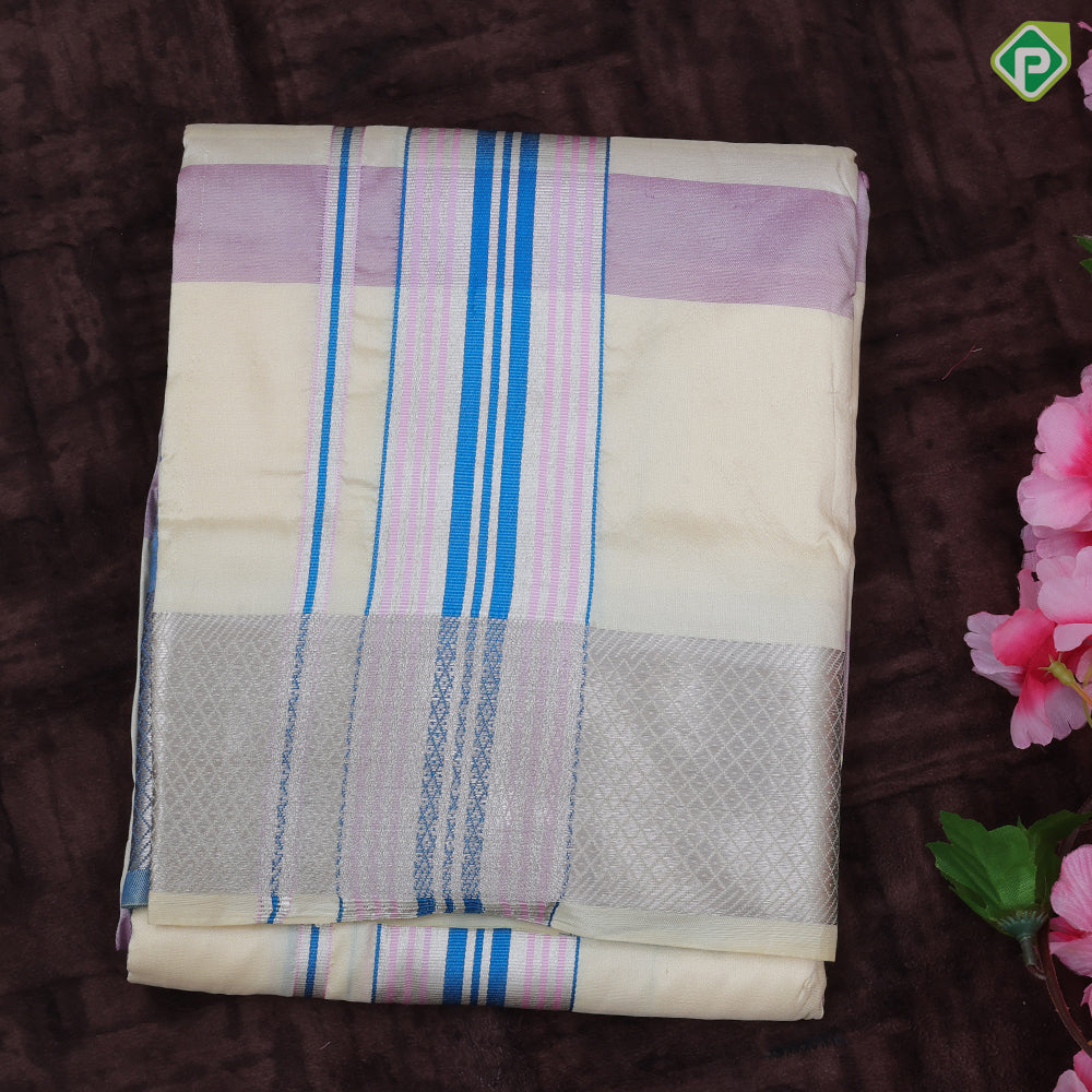 Multi Color Checked Design Silver Zari Diamond Butta Border 9*5 Pure Silk Dhoti Vesti