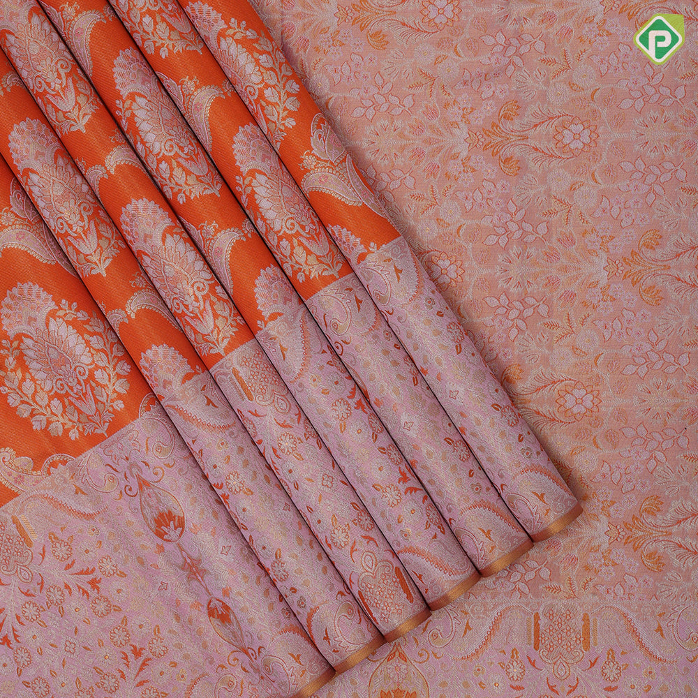 Fanta Orange Gold Zari Flower And Mango Floral Design Baby Pink Floral Border Design Wedding Silk Saree