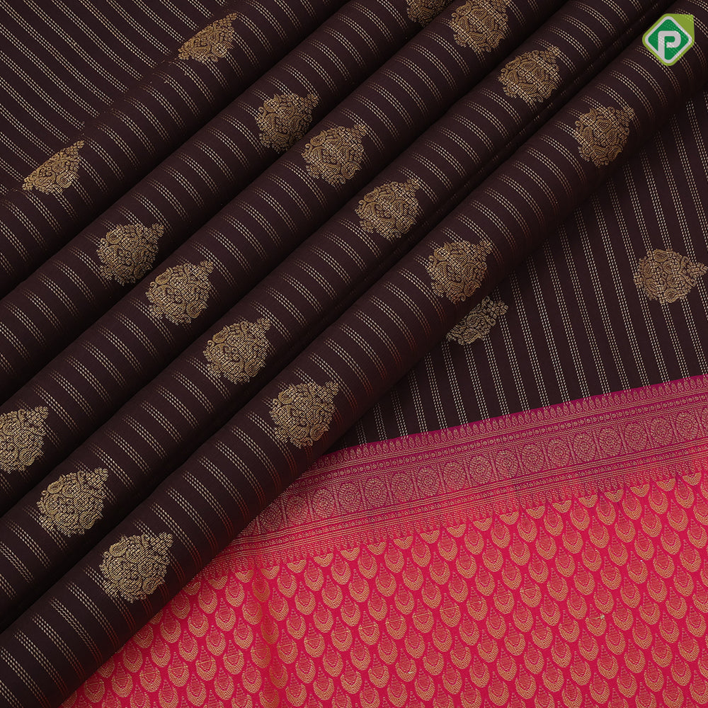 Chocolate brown gold zari lines and thilagam butta Rani pink gold zari mango design border art silk saree