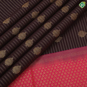 Chocolate brown gold zari lines and thilagam butta Rani pink gold zari mango design border art silk saree