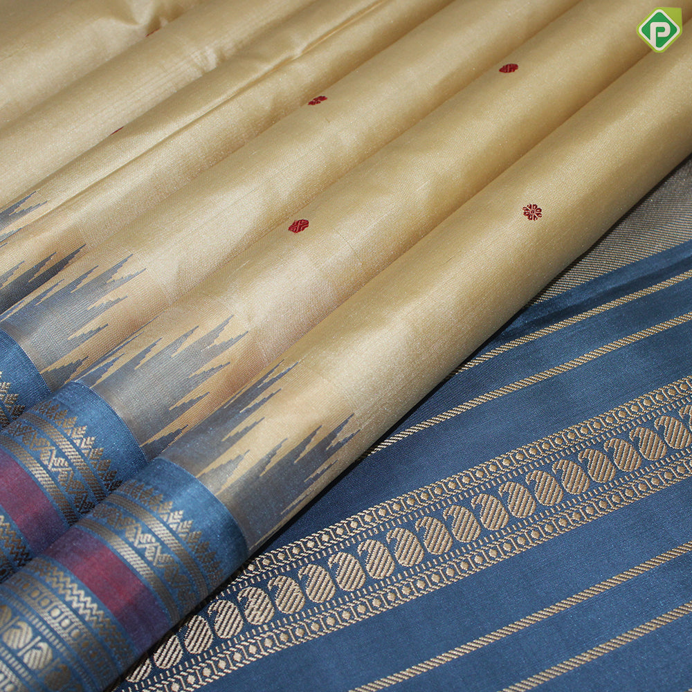 Sandal Wood Color Small Motif With Gray Color Thread Work And Temple Design Border Traditional Silk Saree