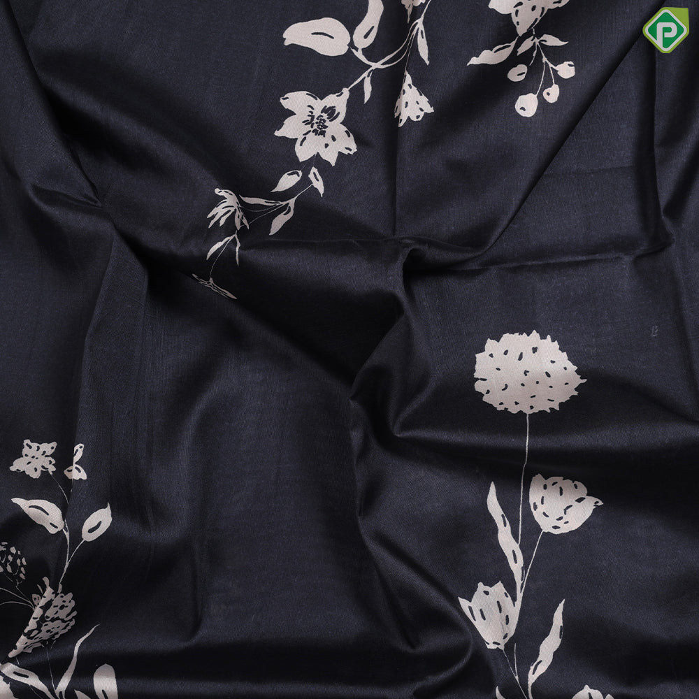 Black Colour With Cream Big flower Bunch Design Fancy Tusser saree