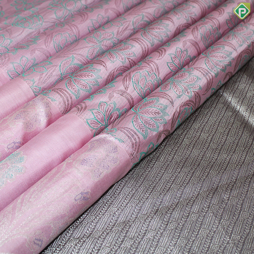 Baby Pink Thread Work With Self Color Silver Zari Flower Border Fancy Trendy Silk Saree