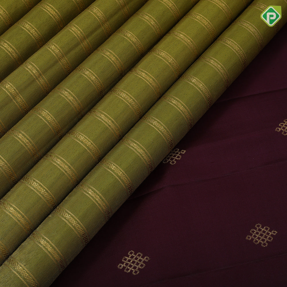 Mustard green gold zari rangoli lines design contrast syrup brown gold zari mango rangoli butta border traditional vintage silk saree