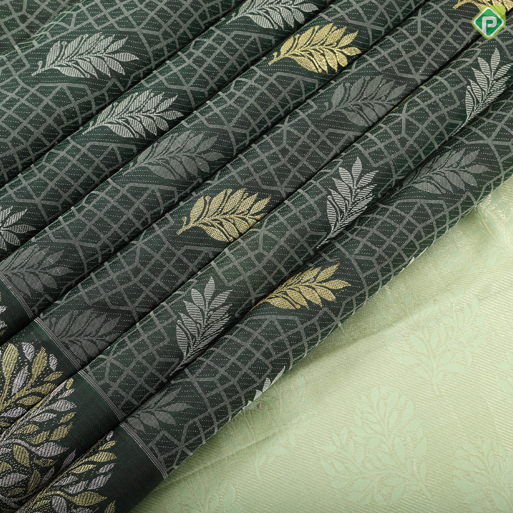 Olive green gold zari leaf butta thread work design self multi color zari butta border trendy silk saree