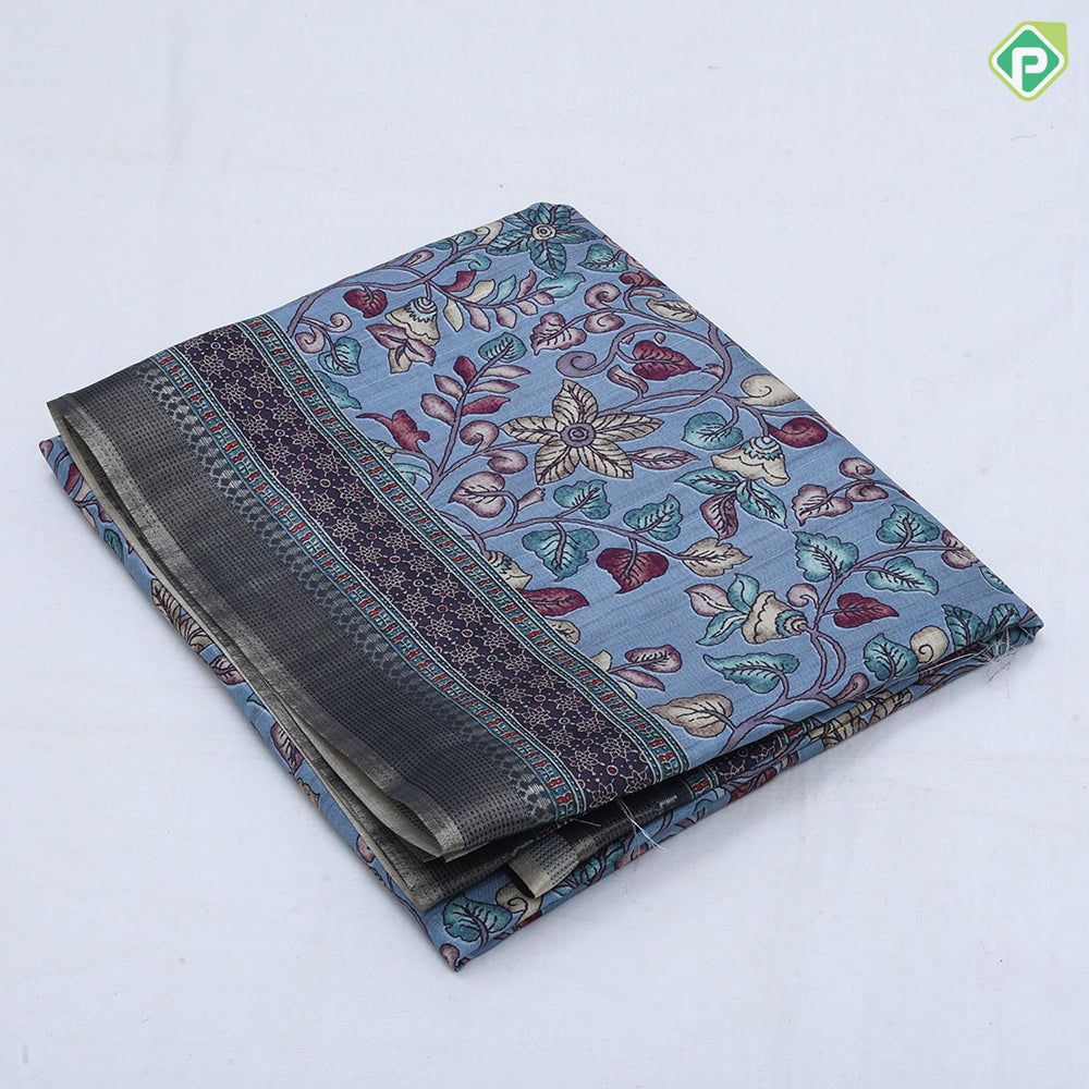 Multi color kalamkari style digital printed design double design border semi tusser saree
