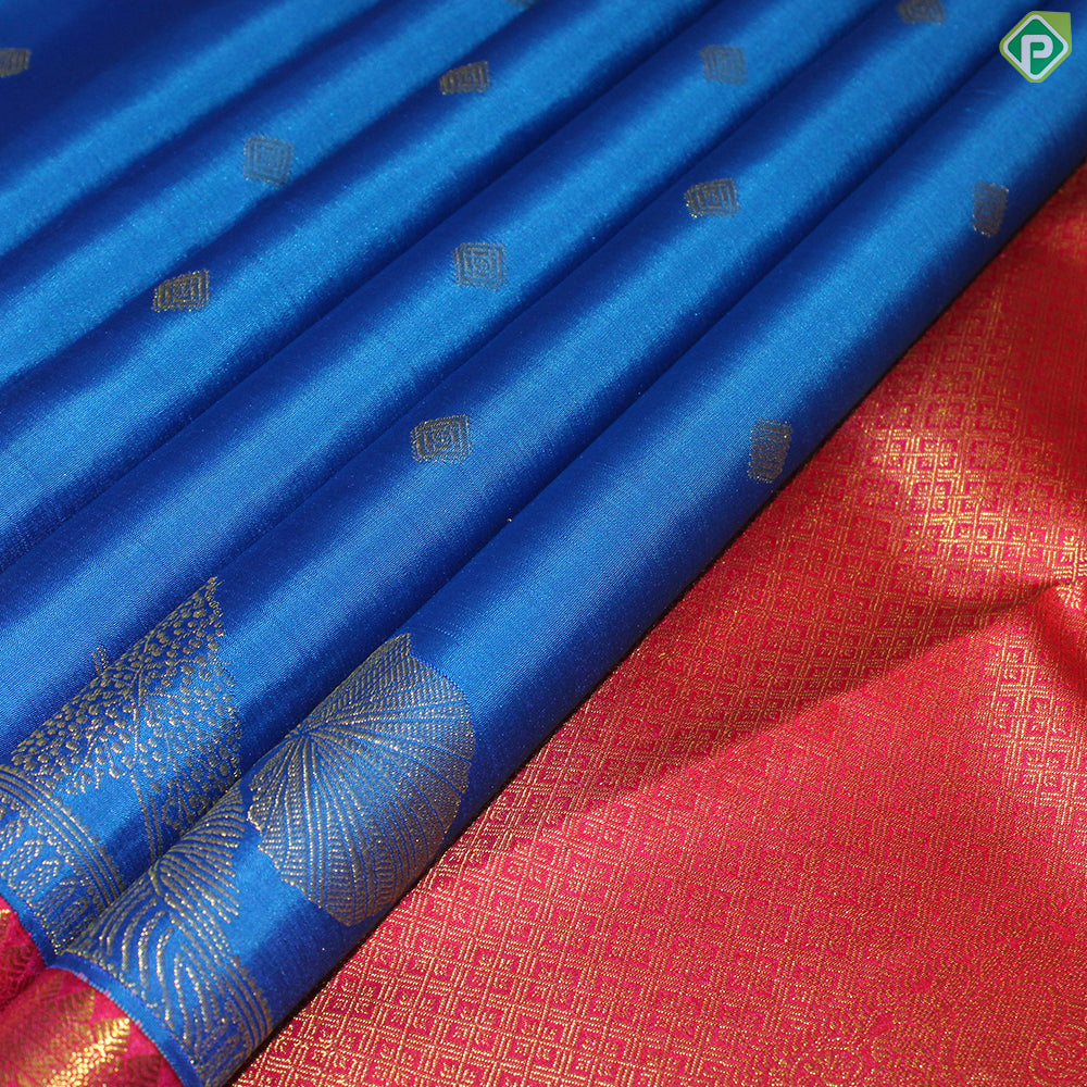 Royal Blue Silver Gold Zari Contrast Pink Multi Line Border Trendy Designer Silk Saree