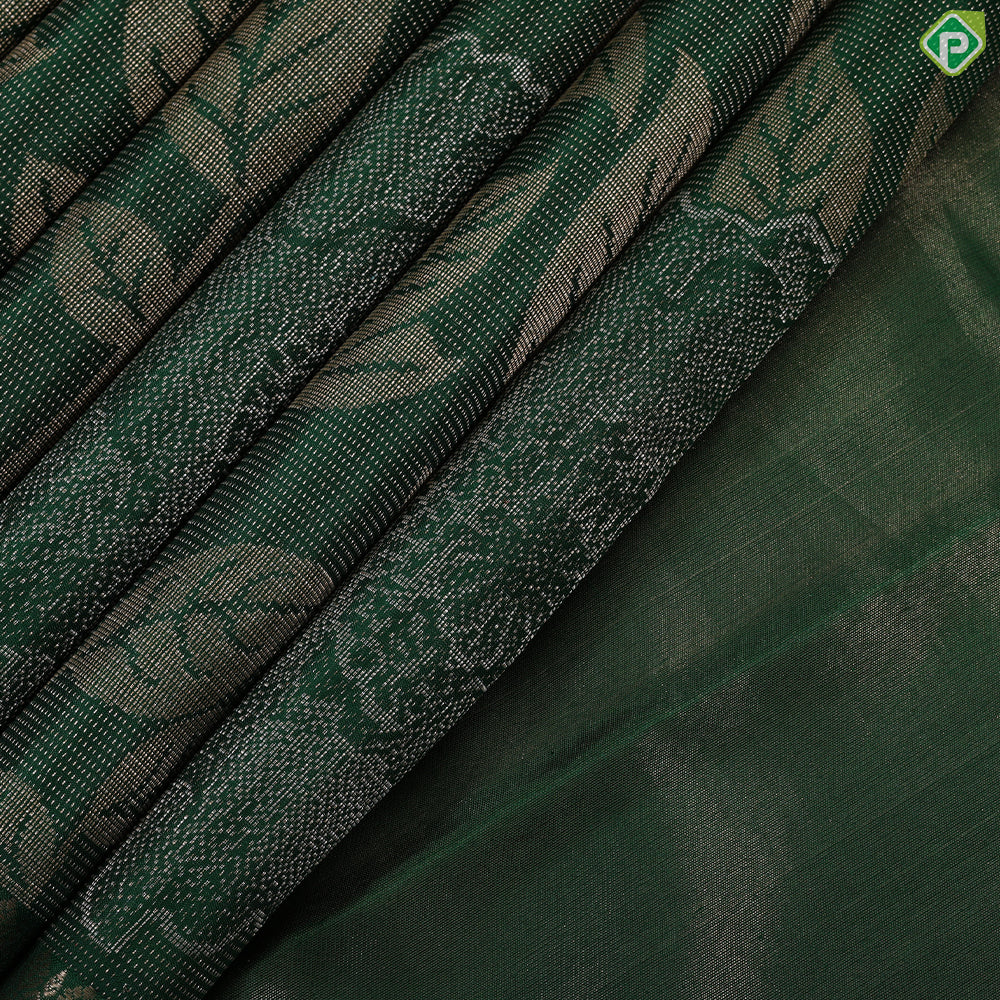 Bottle green silver and gold zari big floral with leaves design self gold zari border trendy designer silk saree