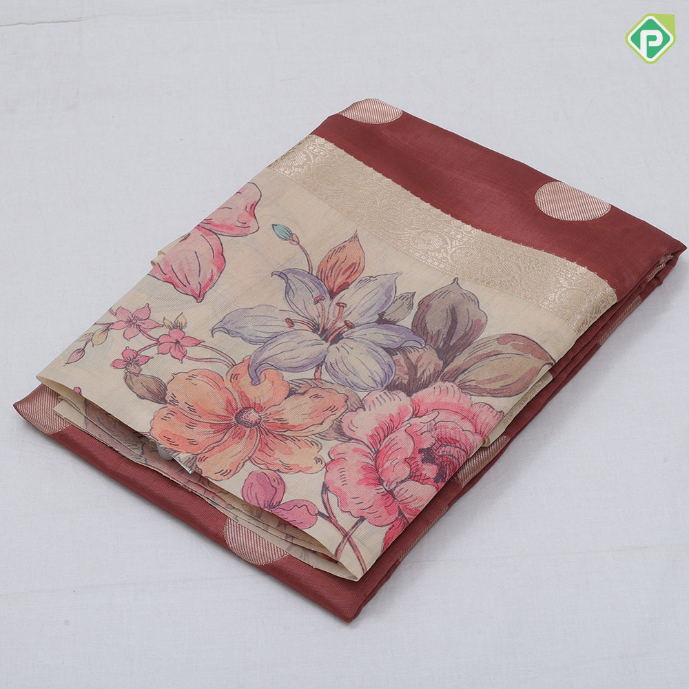Peach Based Colour Small Coin Design Contrast Peacock Flower Border Fancy Cotton Saree