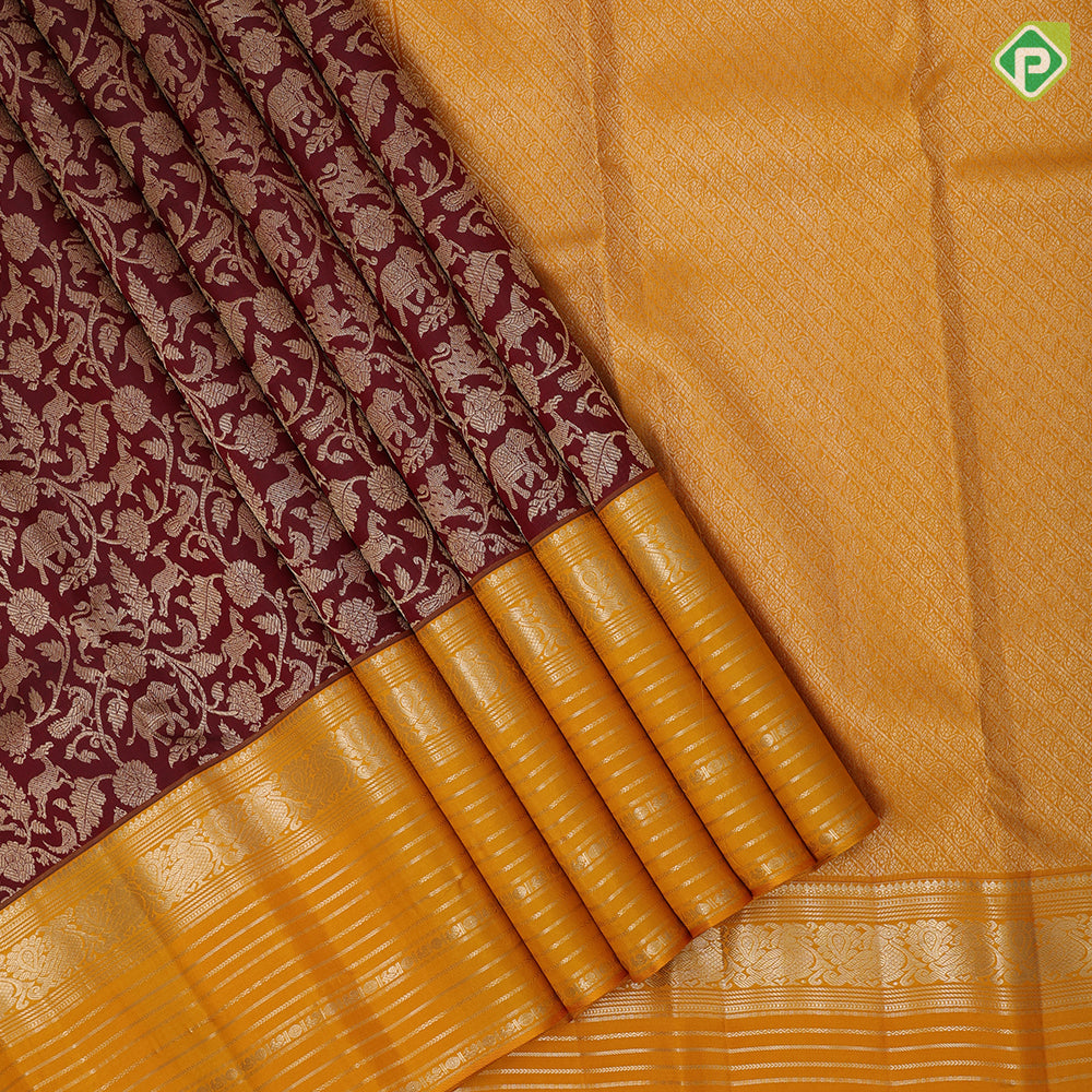 Magenta gold zari vanasingaaram design Mango yellow silver gold zari self designed lines border grand bridal silk saree