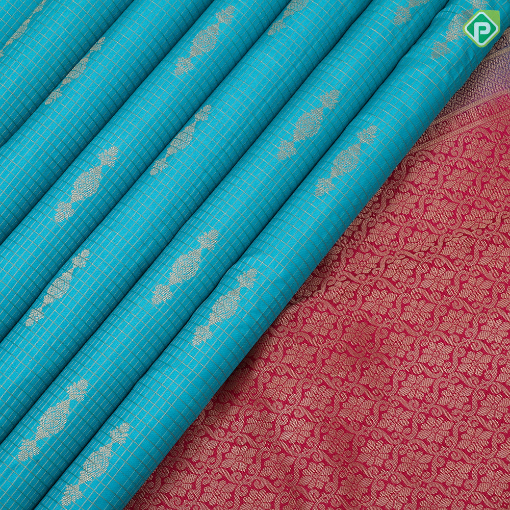 rama blue gold zari vairaoosi and fancy butta design rani pink gold zari border traditional silk saree