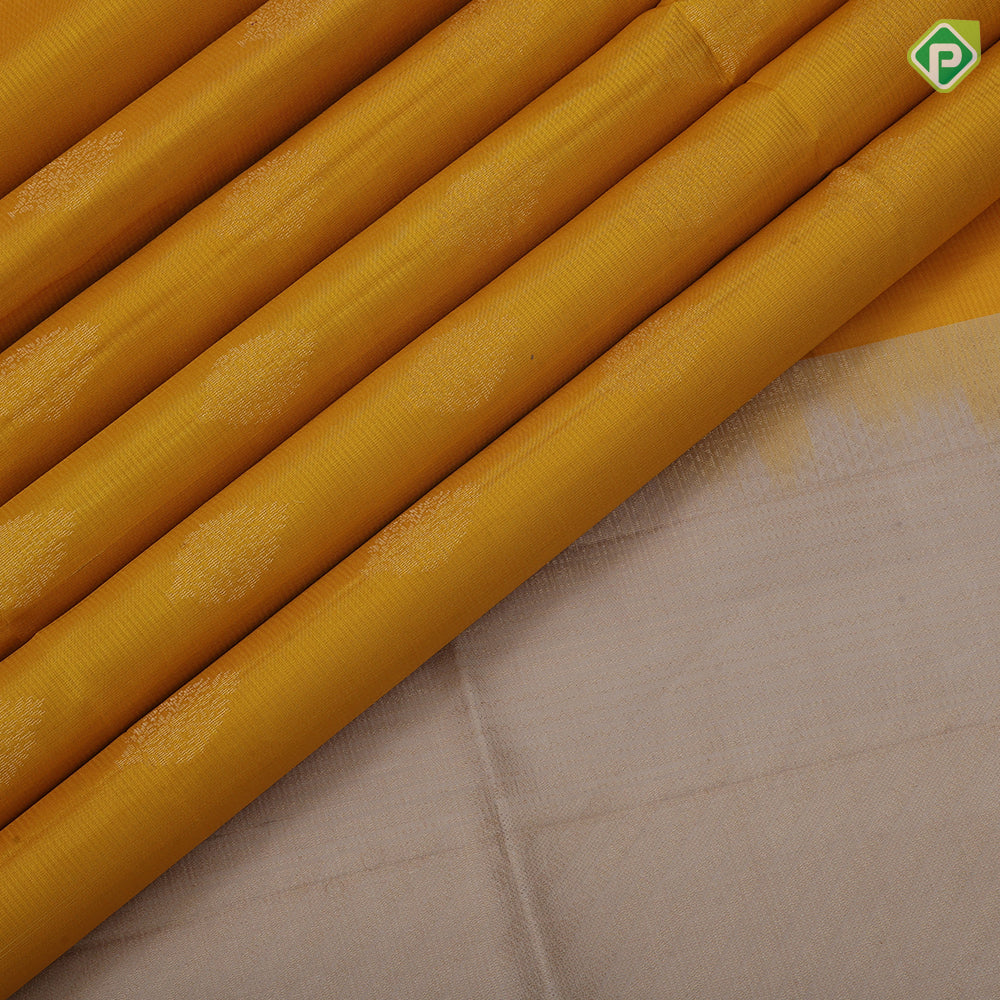 Corn yellow gold zari fancy leaf butta motifs light beige plain border contrast grand pallu soft silk saree
