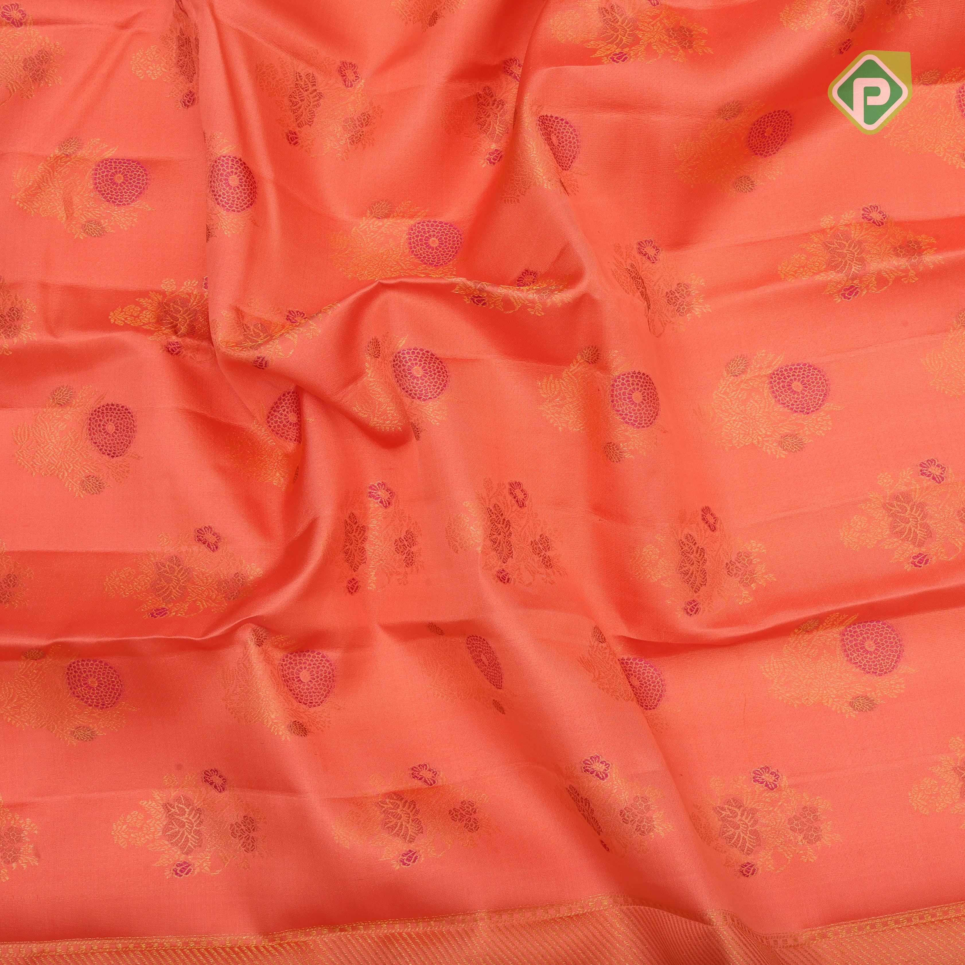 peach pink gold zari meena work butta design Red gold zari cross lines border bridal silk saree