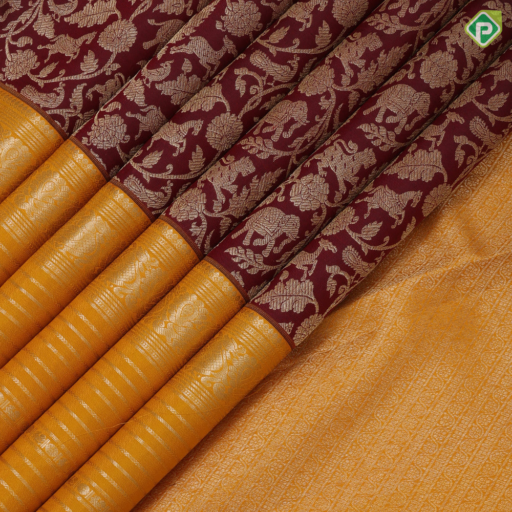 Magenta gold zari vanasingaaram design Mango yellow silver gold zari self designed lines border grand bridal silk saree