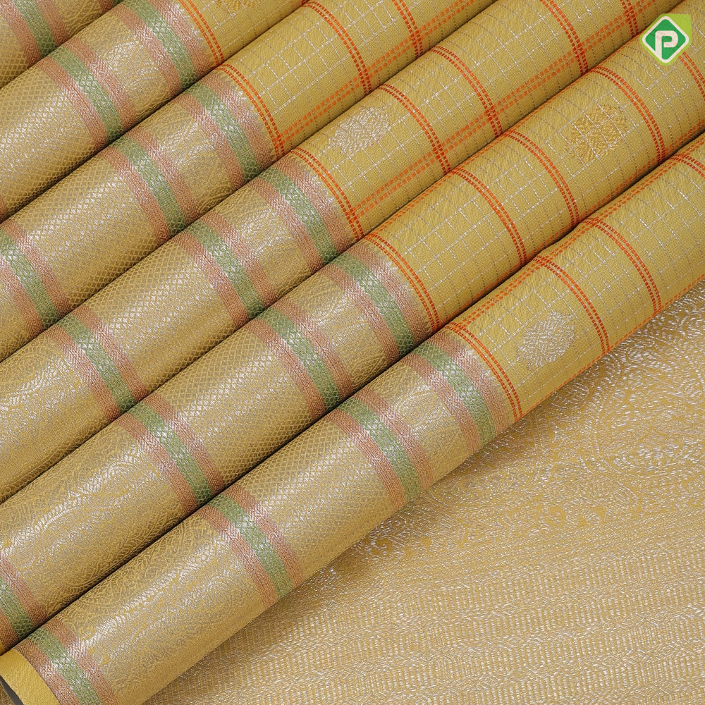 Lemon yellow silver zari checks gold zari butta self silver gold zari meena work border Navratri special silk saree