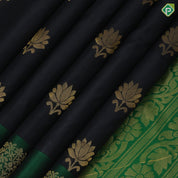 Black with gold zari lotus butta design contrast green gold zari fancy tree border soft silk saree