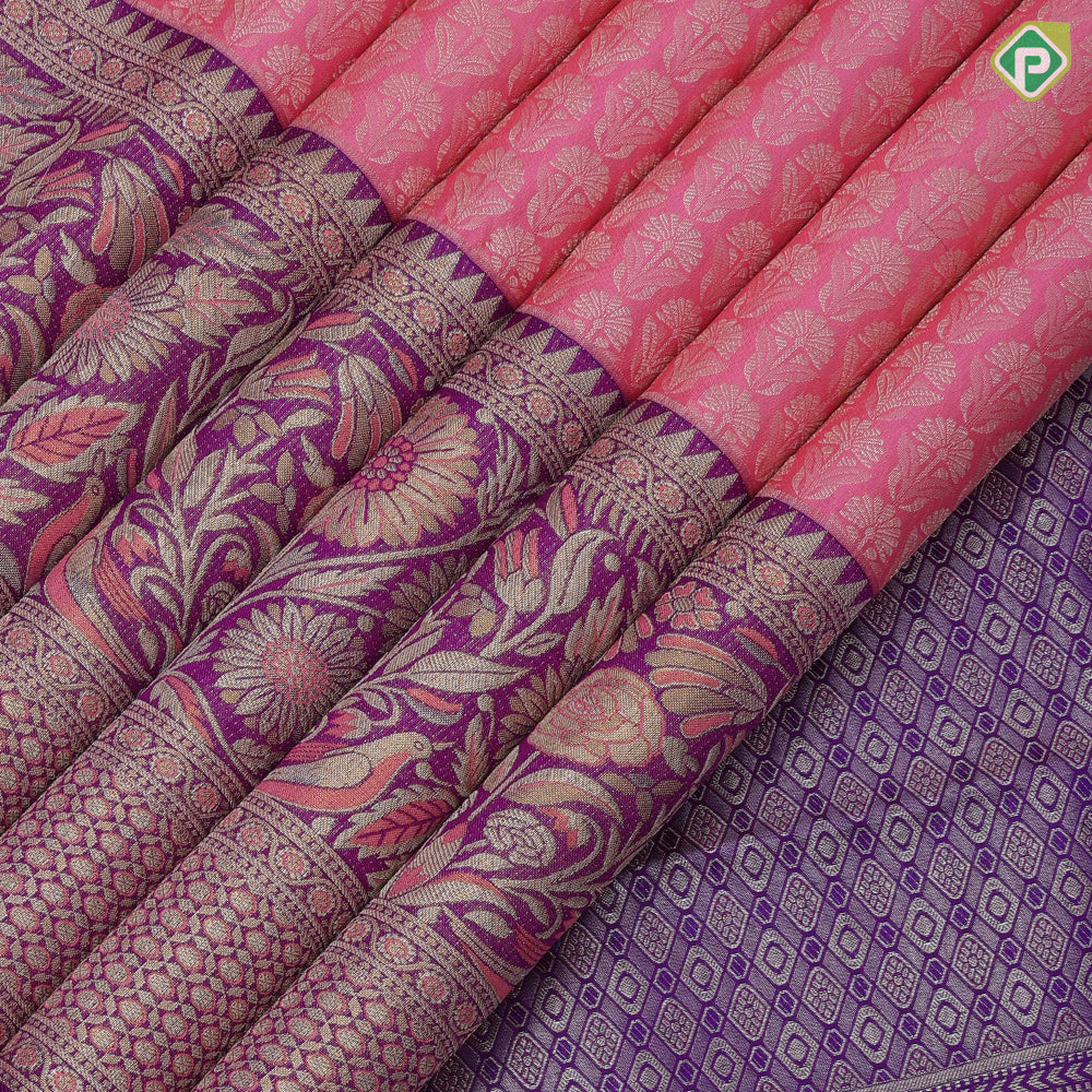 Bubblegum Pink Gold Zari Flower Design Purple Colour Bride Flower Ruthracham Border Design Wedding Silk Saree