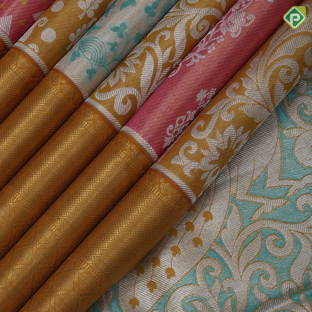 Multi color silver zari by zari multi designed shapes Mustard gold zari mayilkan diamond border exclusive bridal silk saree
