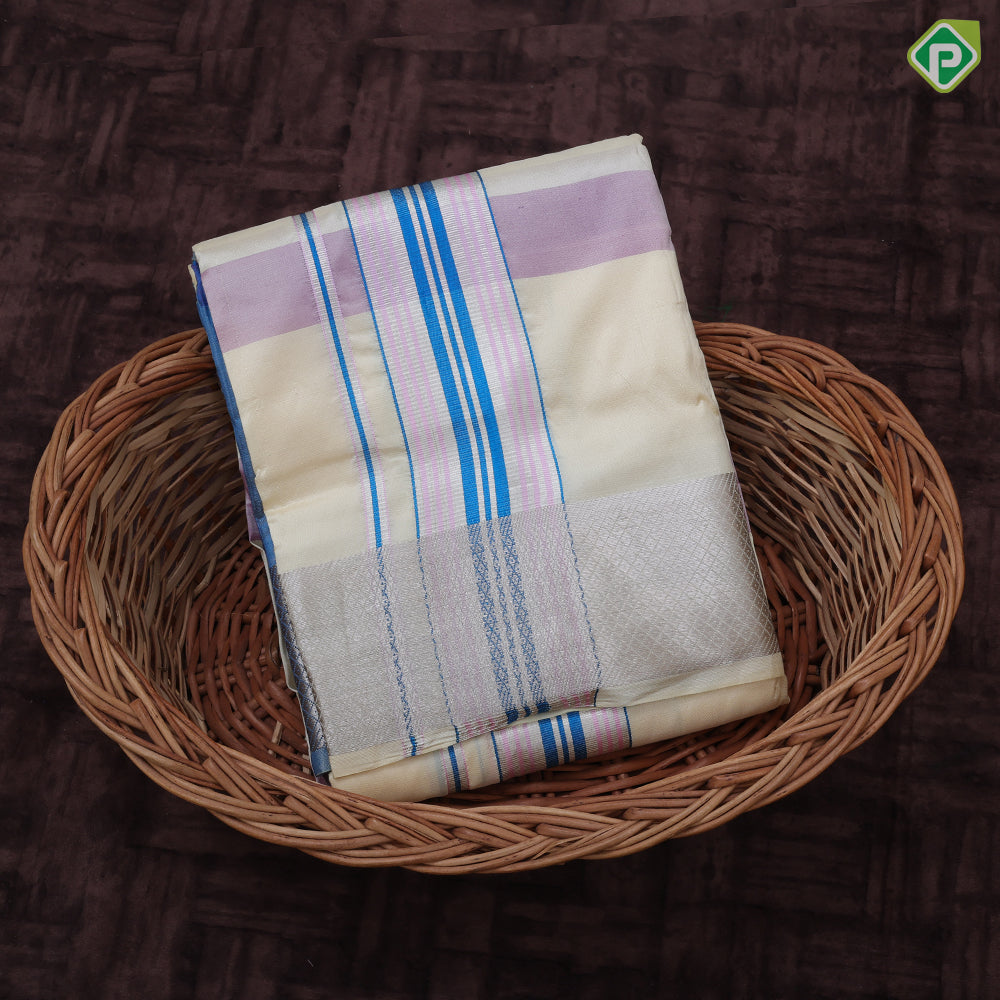 Multi Color Checked Design Silver Zari Diamond Butta Border 9*5 Pure Silk Dhoti Vesti