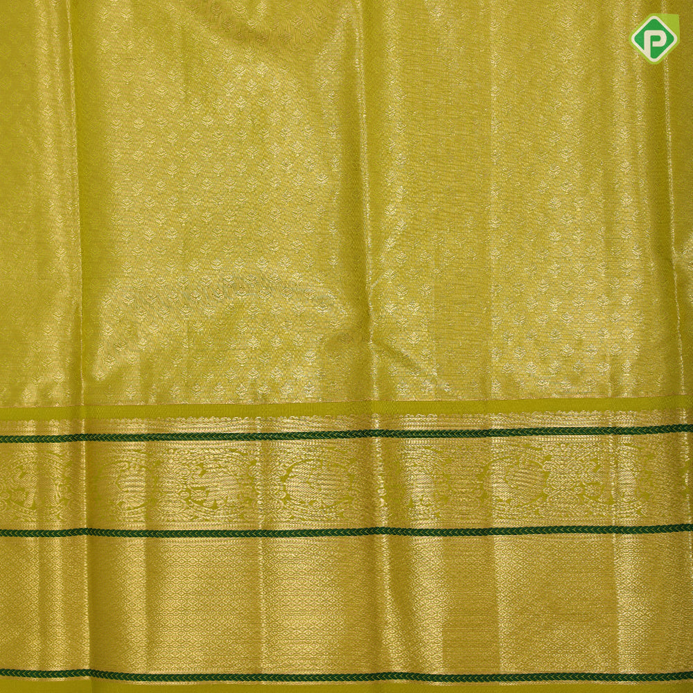 Multi color gold zari rangat design green yellow gold zari peacock and diamond butta border pattu paavadai
