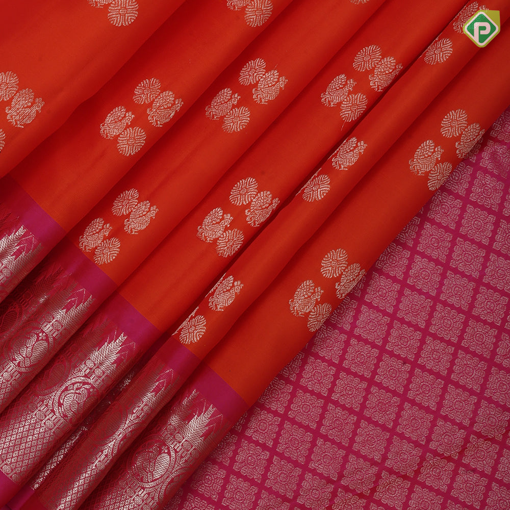 Fanta orange silver gold zari rudraksham annam butta baby pink silver gold zari temple border pure mix silk saree