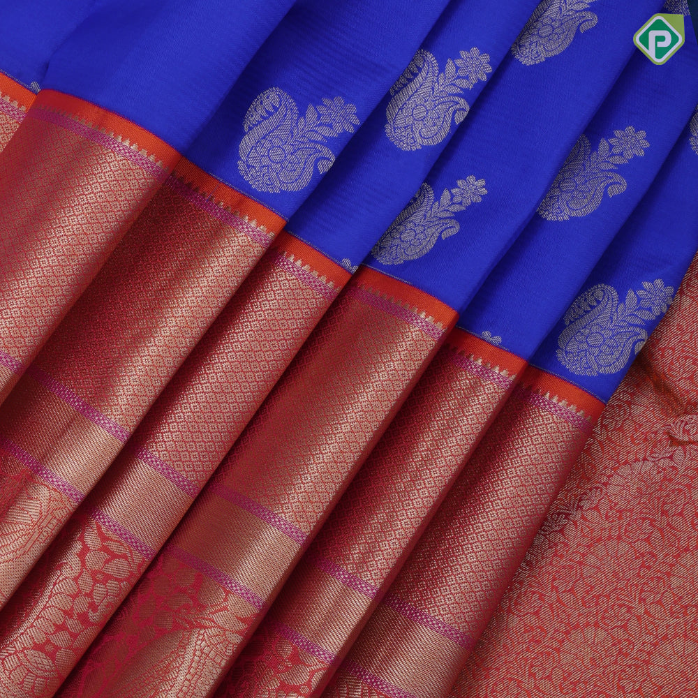 Navy blue gold zari fancy butta design orange with silver gold zari high border traditional silk saree