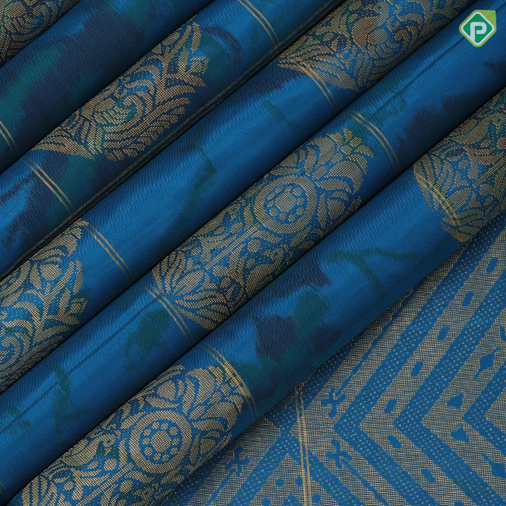 peacock blue self designed round butta and checks ikkat design borderless ikkat fusion silk saree