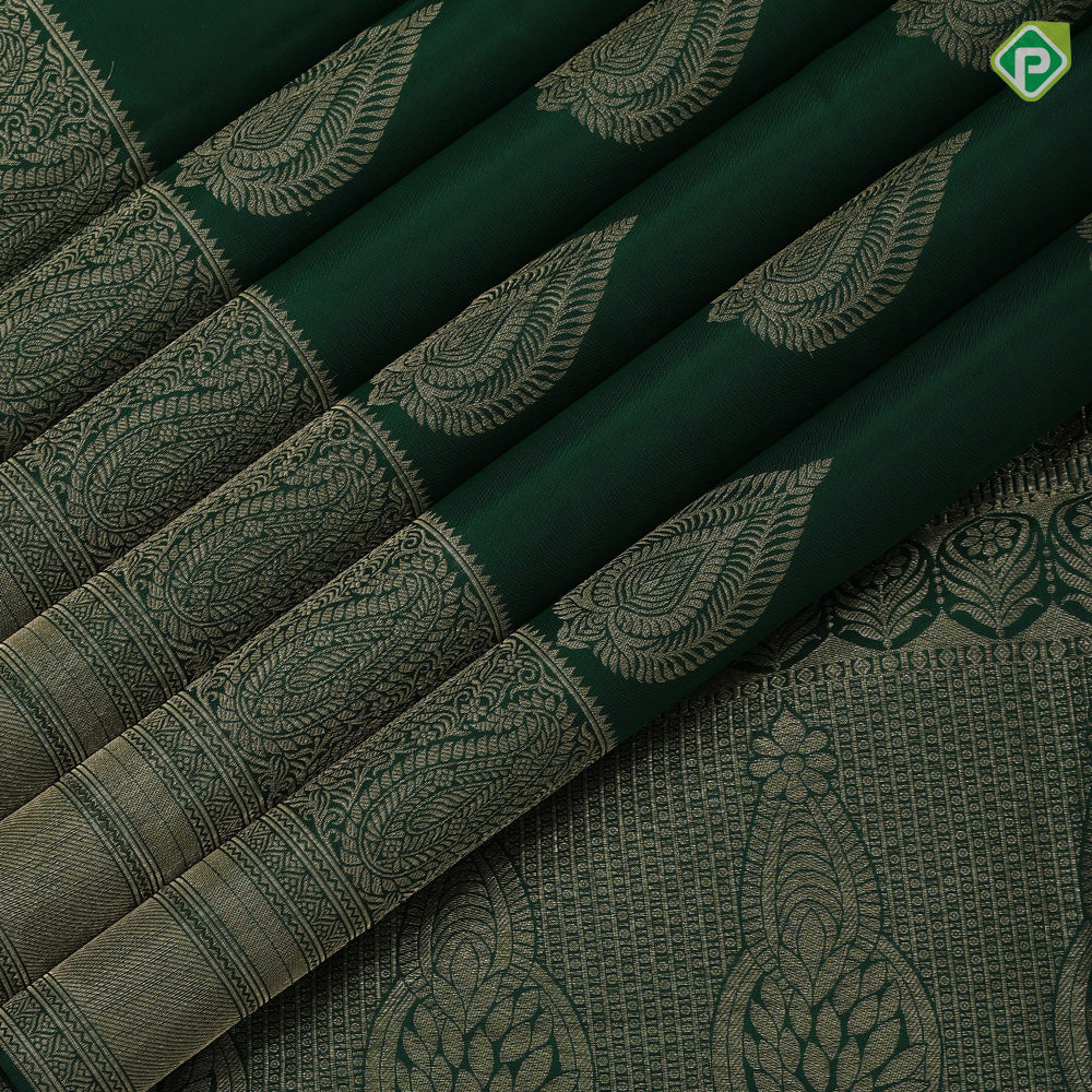 Bottle green gold zari leaf design self gold zari mango butta border gift silk saree