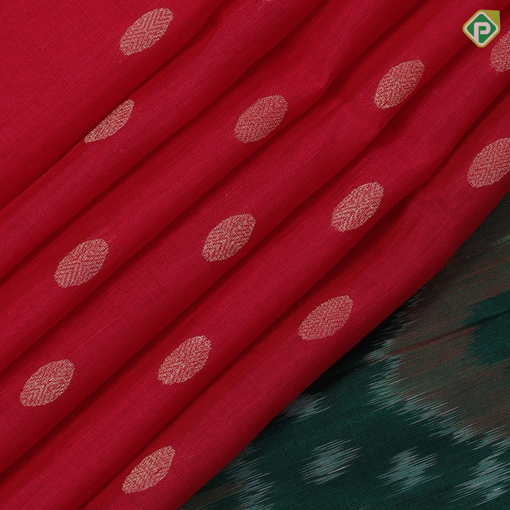 Tomato red gold zari chakkaram butta motifs self gold zari border contrast ikkat design pallu linen soft silk saree